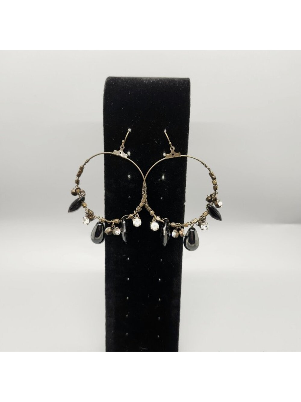 Dangle Hoop Earrings 2" Hoop 3.15" L Black Crystal Rhinestone Beaded Bronze Tone